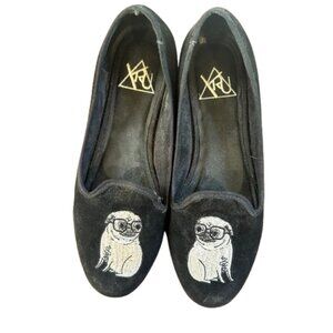 Vintage YRU Pug with Glasses Black Suede Flats Size 7.5